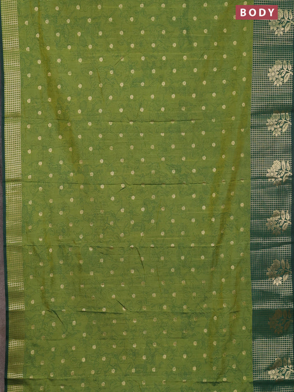 Semi raw silk saree green and dark green with allover kalamkari prints & 1000 zari buttas and zari checked butta border