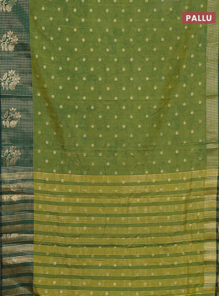 Semi raw silk saree green and dark green with allover kalamkari prints & 1000 zari buttas and zari checked butta border
