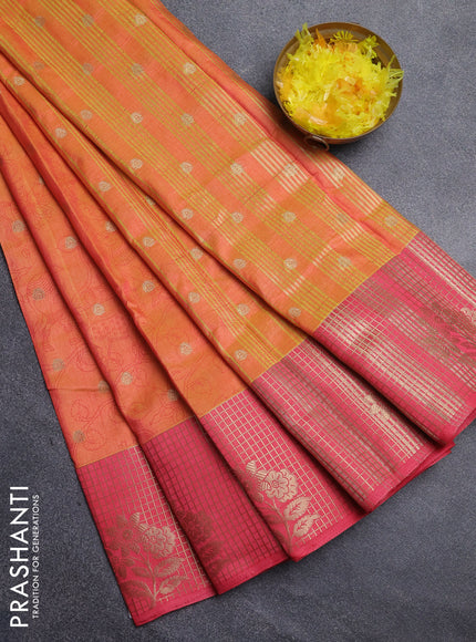 Semi raw silk saree orange and peach pink with allover kalamkari prints & 1000 zari buttas and zari checked butta border