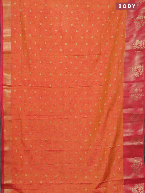 Semi raw silk saree orange and peach pink with allover kalamkari prints & 1000 zari buttas and zari checked butta border