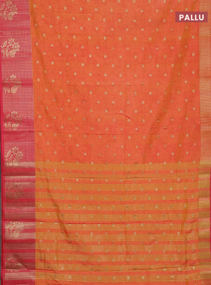 Semi raw silk saree orange and peach pink with allover kalamkari prints & 1000 zari buttas and zari checked butta border