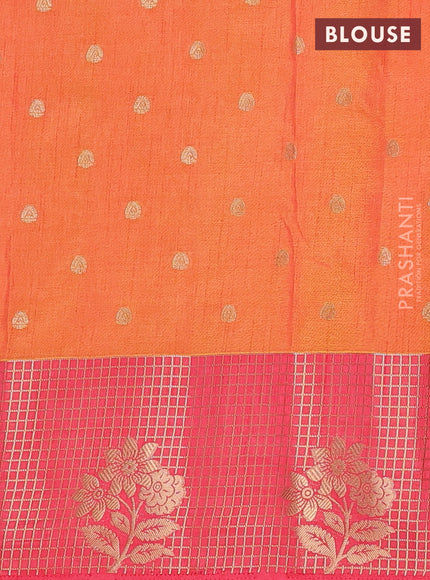 Semi raw silk saree orange and peach pink with allover kalamkari prints & 1000 zari buttas and zari checked butta border