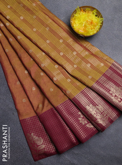 Semi raw silk saree dark mustard and maroon with allover kalamkari prints & 1000 zari buttas and zari checked butta border