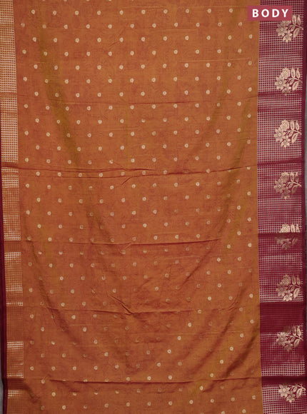 Semi raw silk saree dark mustard and maroon with allover kalamkari prints & 1000 zari buttas and zari checked butta border