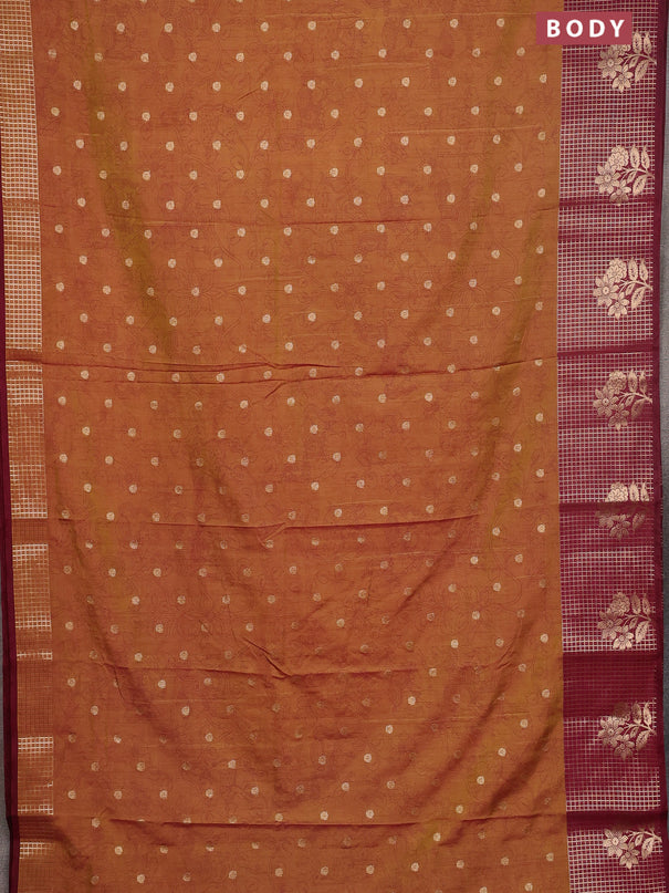 Semi raw silk saree dark mustard and maroon with allover kalamkari prints & 1000 zari buttas and zari checked butta border