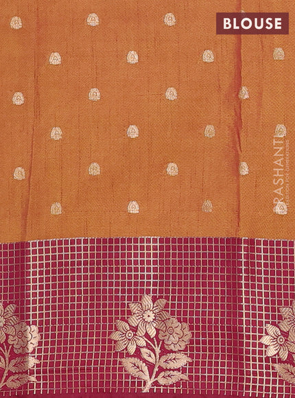 Semi raw silk saree dark mustard and maroon with allover kalamkari prints & 1000 zari buttas and zari checked butta border