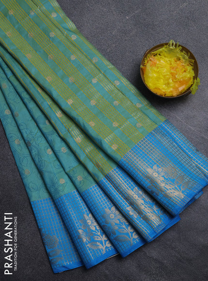Semi raw silk saree dual shade of teal bluish green and cs blue with allover kalamkari prints & 1000 zari buttas and zari checked butta border