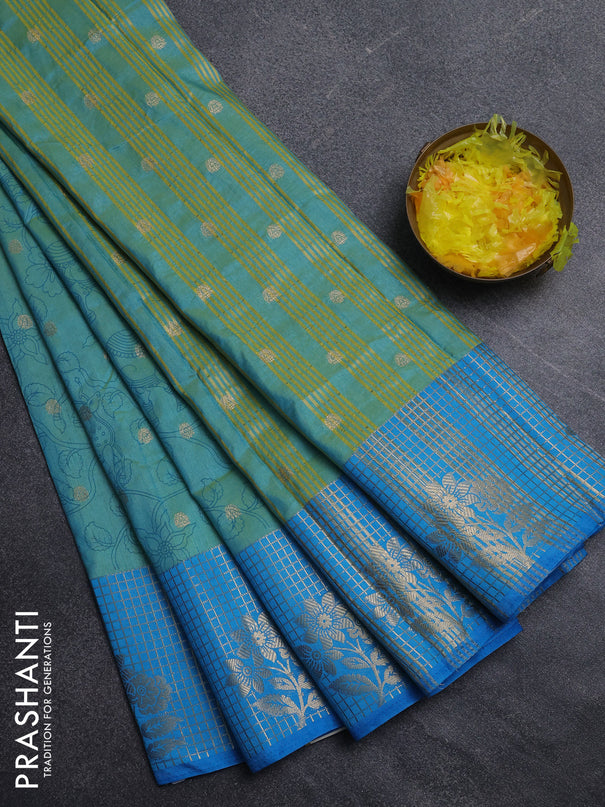 Semi raw silk saree dual shade of teal bluish green and cs blue with allover kalamkari prints & 1000 zari buttas and zari checked butta border