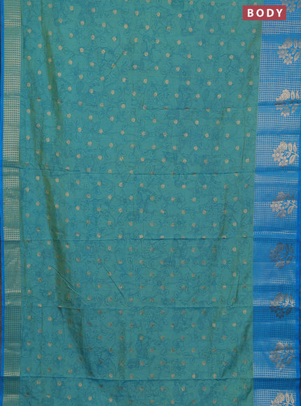 Semi raw silk saree dual shade of teal bluish green and cs blue with allover kalamkari prints & 1000 zari buttas and zari checked butta border