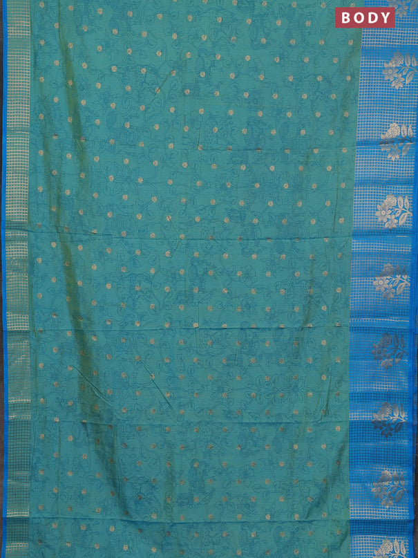 Semi raw silk saree dual shade of teal bluish green and cs blue with allover kalamkari prints & 1000 zari buttas and zari checked butta border
