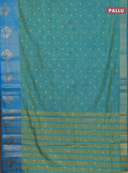 Semi raw silk saree dual shade of teal bluish green and cs blue with allover kalamkari prints & 1000 zari buttas and zari checked butta border