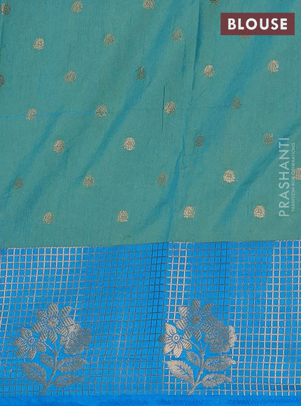 Semi raw silk saree dual shade of teal bluish green and cs blue with allover kalamkari prints & 1000 zari buttas and zari checked butta border