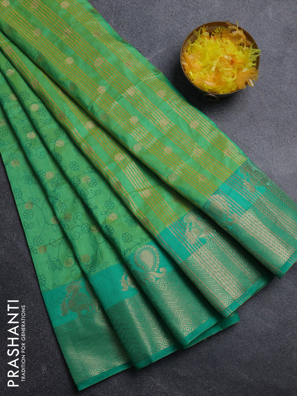 Semi raw silk saree dual shade of light green and teal green with allover prints & 1000 zari buttas and annam zari woven border