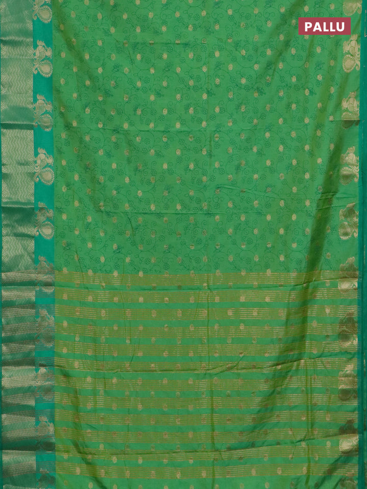 Semi raw silk saree dual shade of light green and teal green with allover prints & 1000 zari buttas and annam zari woven border