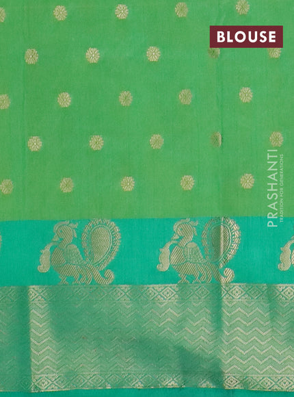 Semi raw silk saree dual shade of light green and teal green with allover prints & 1000 zari buttas and annam zari woven border