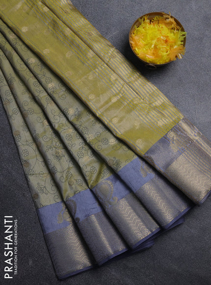 Semi raw silk saree elaichi green and grey with allover prints & 1000 zari buttas and annam zari woven border