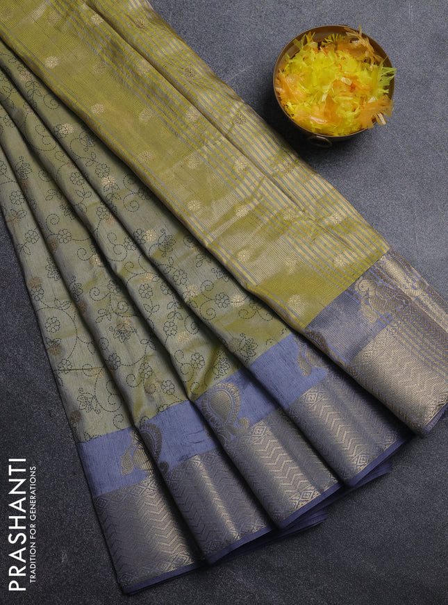Semi raw silk saree elaichi green and grey with allover prints & 1000 zari buttas and annam zari woven border