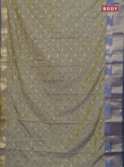 Semi raw silk saree elaichi green and grey with allover prints & 1000 zari buttas and annam zari woven border