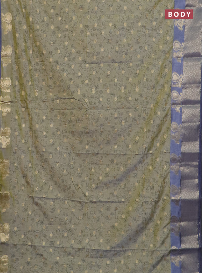 Semi raw silk saree elaichi green and grey with allover prints & 1000 zari buttas and annam zari woven border