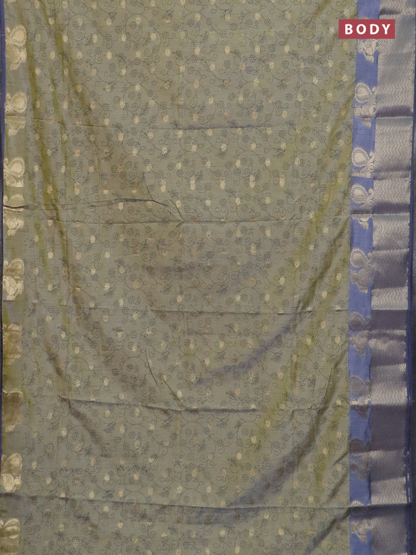 Semi raw silk saree elaichi green and grey with allover prints & 1000 zari buttas and annam zari woven border