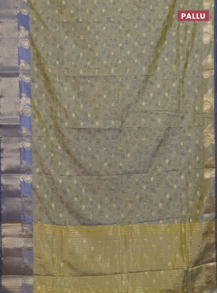 Semi raw silk saree elaichi green and grey with allover prints & 1000 zari buttas and annam zari woven border