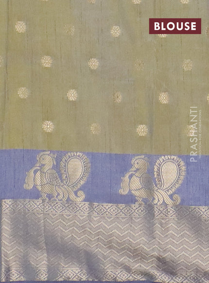 Semi raw silk saree elaichi green and grey with allover prints & 1000 zari buttas and annam zari woven border