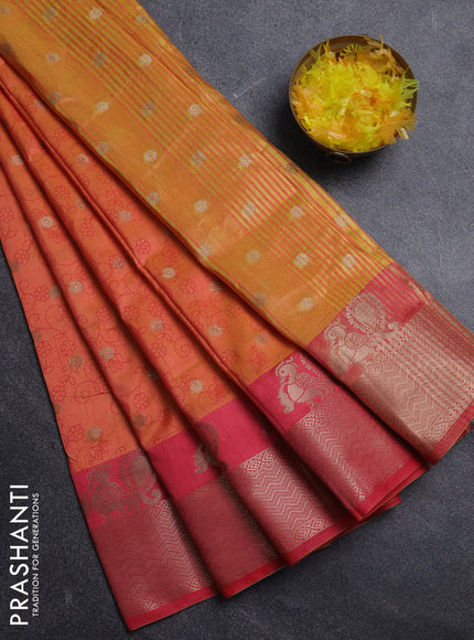Semi raw silk saree dual shade of orange and pink with allover prints & 1000 zari buttas and annam zari woven border