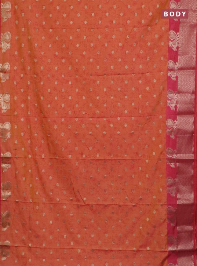 Semi raw silk saree dual shade of orange and pink with allover prints & 1000 zari buttas and annam zari woven border