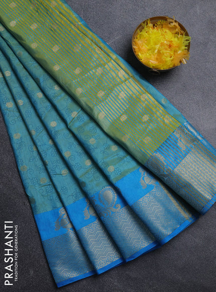 Semi raw silk saree dual shade of teal bluish green and cs blue with allover prints & 1000 zari buttas and annam zari woven border