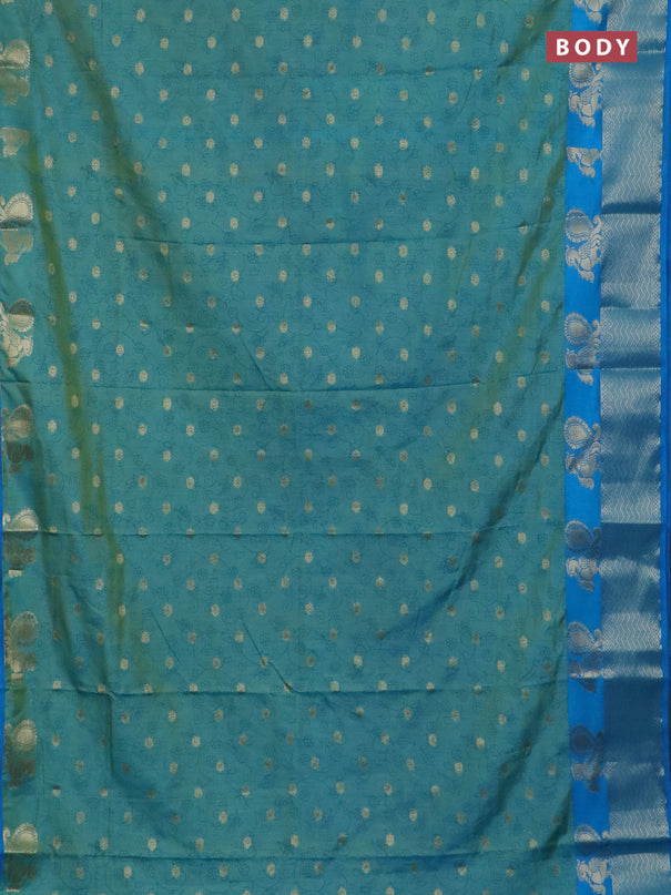 Semi raw silk saree dual shade of teal bluish green and cs blue with allover prints & 1000 zari buttas and annam zari woven border