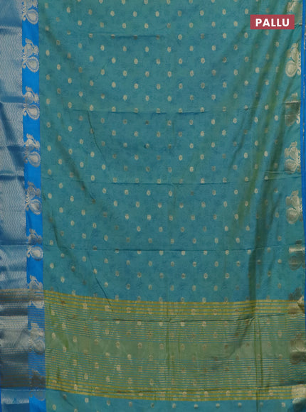 Semi raw silk saree dual shade of teal bluish green and cs blue with allover prints & 1000 zari buttas and annam zari woven border