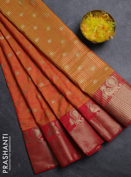 Semi raw silk saree dual shade of orange and red with allover prints & 1000 zari buttas and annam zari woven border