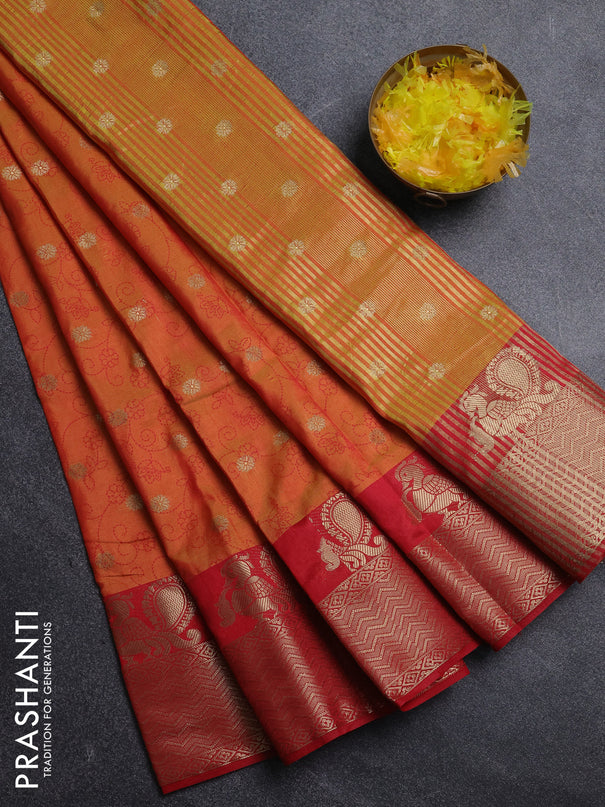 Semi raw silk saree dual shade of orange and red with allover prints & 1000 zari buttas and annam zari woven border