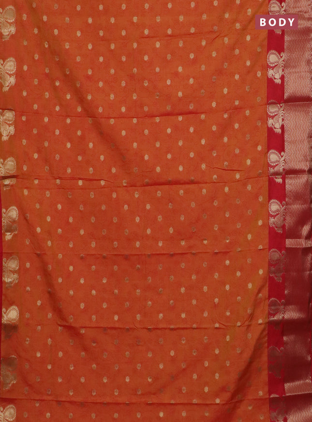 Semi raw silk saree dual shade of orange and red with allover prints & 1000 zari buttas and annam zari woven border