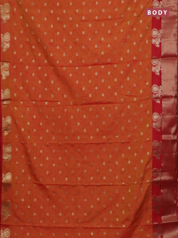 Semi raw silk saree dual shade of orange and red with allover prints & 1000 zari buttas and annam zari woven border