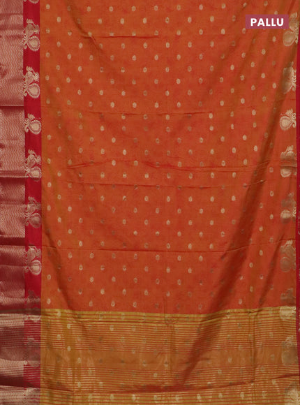 Semi raw silk saree dual shade of orange and red with allover prints & 1000 zari buttas and annam zari woven border