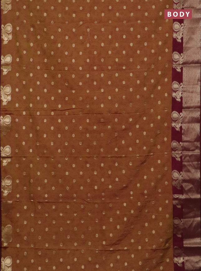 Semi raw silk saree dual shade of mustard green and wine shade with allover prints & 1000 zari buttas and annam zari woven border