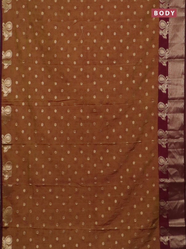 Semi raw silk saree dual shade of mustard green and wine shade with allover prints & 1000 zari buttas and annam zari woven border