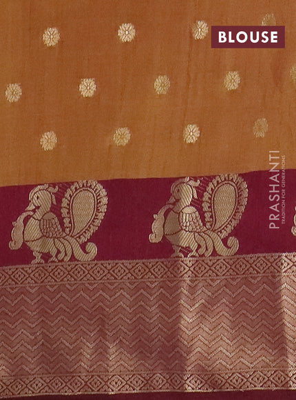 Semi raw silk saree dual shade of mustard green and wine shade with allover prints & 1000 zari buttas and annam zari woven border