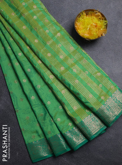 Semi raw silk saree green and teal green with allover kalamkari prints & 1000 zari buttas and zari woven border