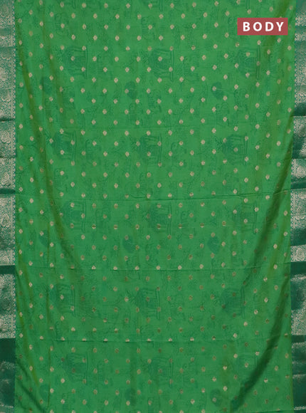 Semi raw silk saree green and teal green with allover kalamkari prints & 1000 zari buttas and zari woven border