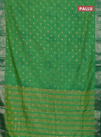 Semi raw silk saree green and teal green with allover kalamkari prints & 1000 zari buttas and zari woven border