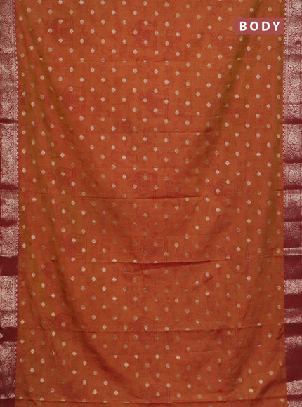 Semi raw silk saree dual shade of dark mustard and maroon with allover kalamkari prints & 1000 zari buttas and zari woven border
