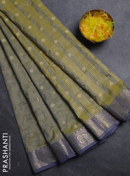 Semi raw silk saree elaichi green and grey with allover kalamkari prints & 1000 zari buttas and zari woven border