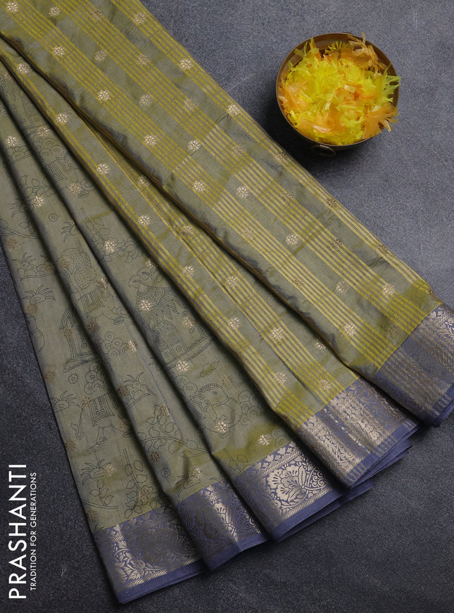 Semi raw silk saree elaichi green and grey with allover kalamkari prints & 1000 zari buttas and zari woven border
