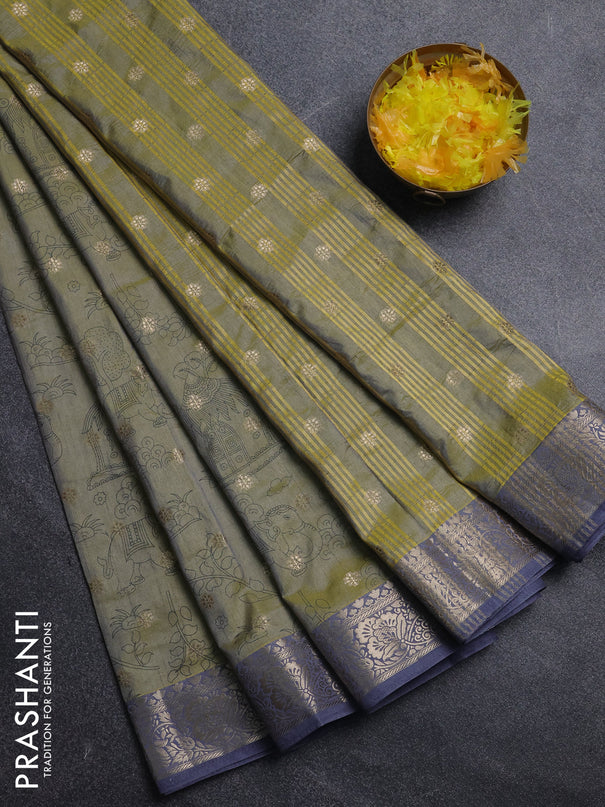 Semi raw silk saree elaichi green and grey with allover kalamkari prints & 1000 zari buttas and zari woven border