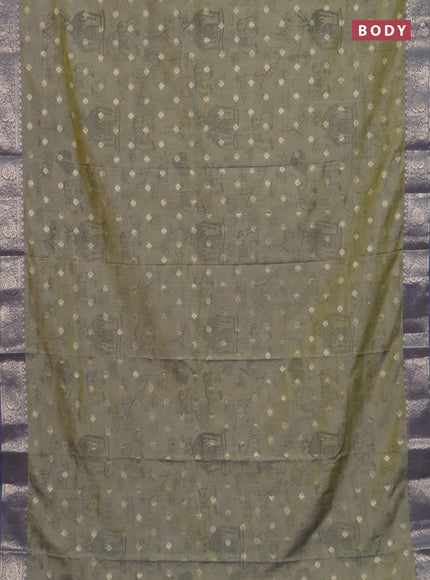 Semi raw silk saree elaichi green and grey with allover kalamkari prints & 1000 zari buttas and zari woven border