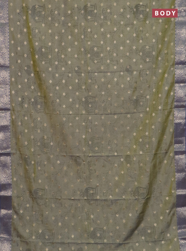 Semi raw silk saree elaichi green and grey with allover kalamkari prints & 1000 zari buttas and zari woven border
