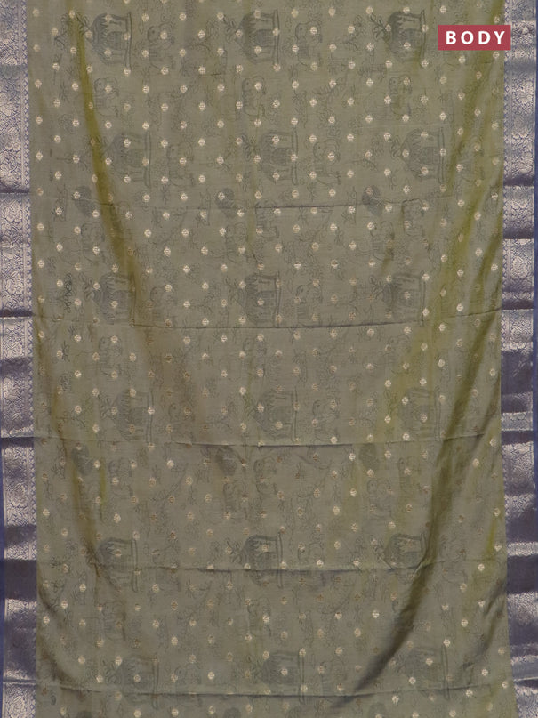 Semi raw silk saree elaichi green and grey with allover kalamkari prints & 1000 zari buttas and zari woven border