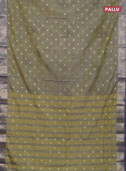 Semi raw silk saree elaichi green and grey with allover kalamkari prints & 1000 zari buttas and zari woven border